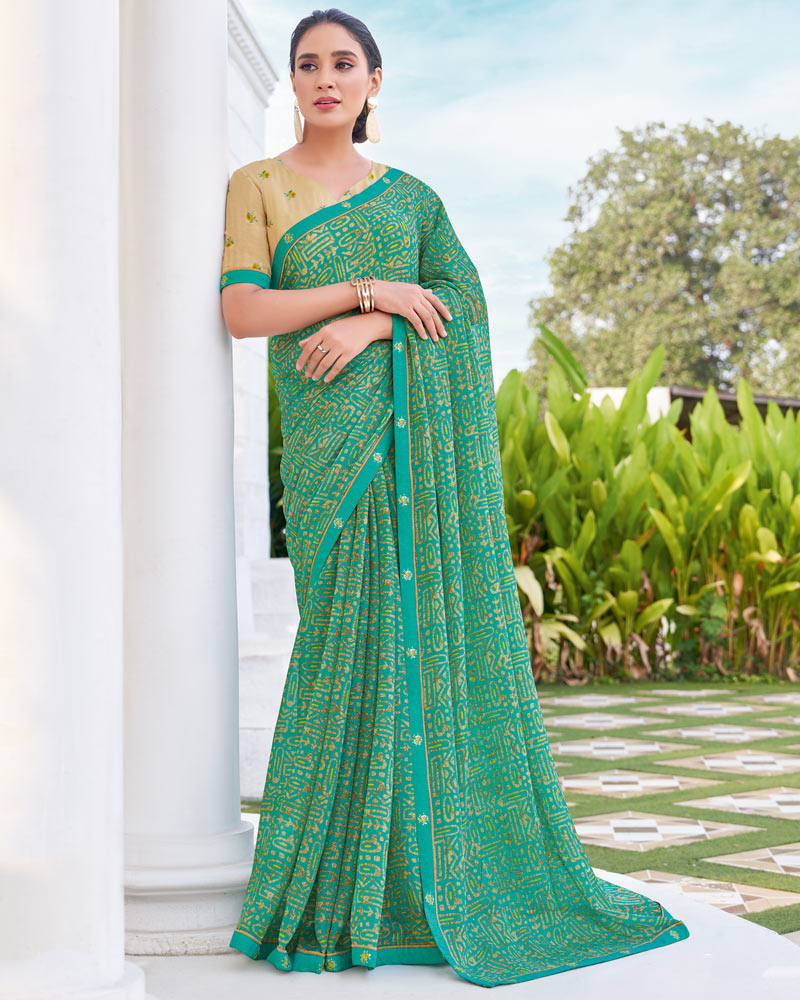 Vishal Prints Persian Green Printed Chiffon Saree With Fancy Border