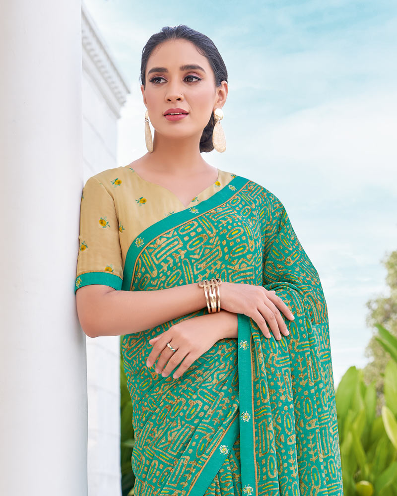 Vishal Prints Persian Green Printed Chiffon Saree With Fancy Border