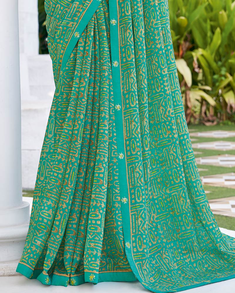 Vishal Prints Persian Green Printed Chiffon Saree With Fancy Border