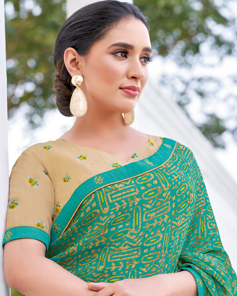 Vishal Prints Persian Green Printed Chiffon Saree With Fancy Border