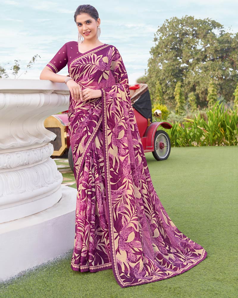 Vishal Prints Raspberry Printed Chiffon Saree With Fancy Border