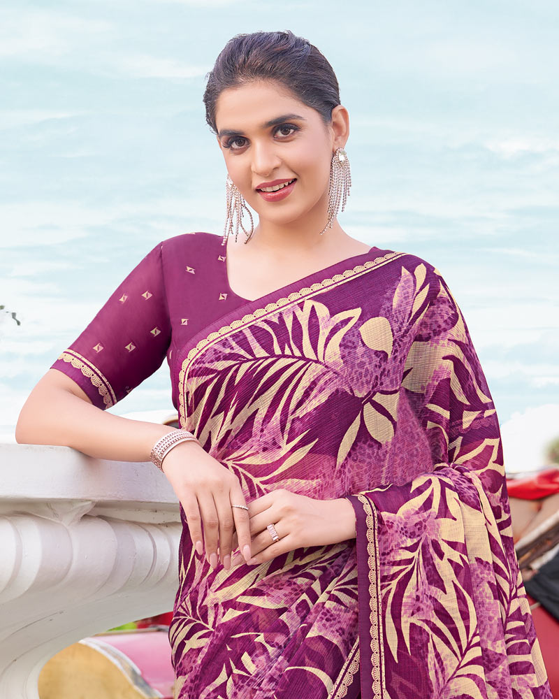 Vishal Prints Raspberry Printed Chiffon Saree With Fancy Border