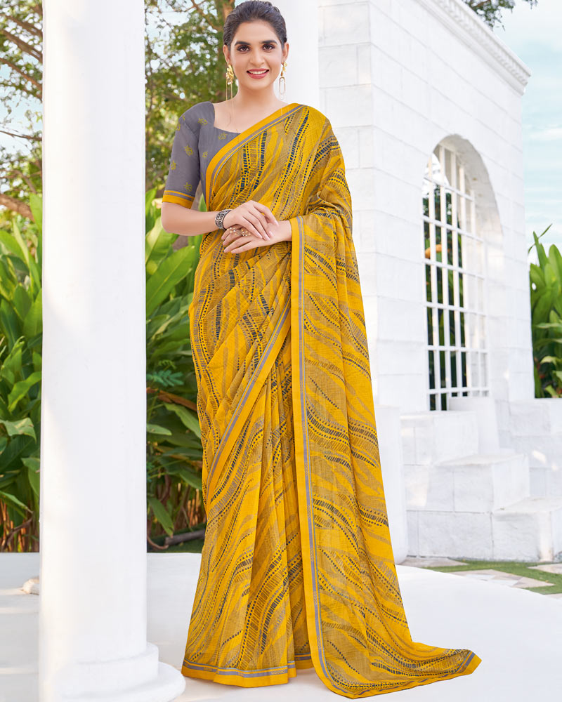 Vishal Prints Mustard Yellow Printed Chiffon Saree With Fancy Border