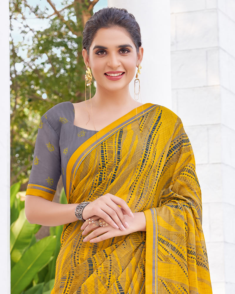 Vishal Prints Mustard Yellow Printed Chiffon Saree With Fancy Border