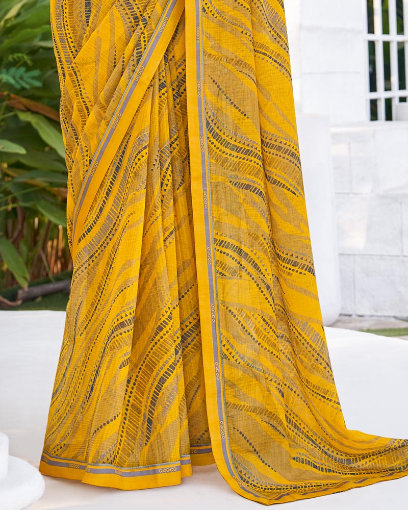 Vishal Prints Mustard Yellow Printed Chiffon Saree With Fancy Border