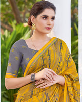 Vishal Prints Mustard Yellow Printed Chiffon Saree With Fancy Border