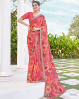 Vishal Prints Carmine Pink Printed Chiffon Saree With Fancy Border