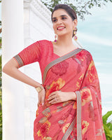 Vishal Prints Carmine Pink Printed Chiffon Saree With Fancy Border