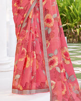 Vishal Prints Carmine Pink Printed Chiffon Saree With Fancy Border