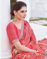 Vishal Prints Carmine Pink Printed Chiffon Saree With Fancy Border