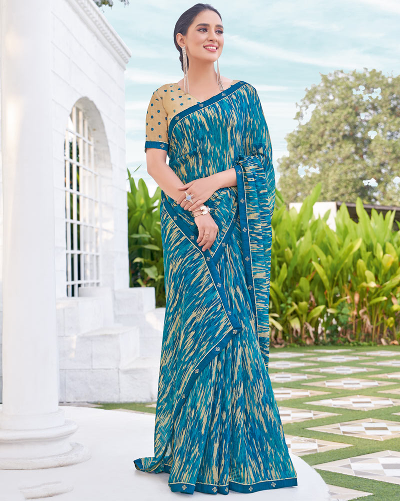 Vishal Prints Blue Printed Chiffon Saree With Fancy Border