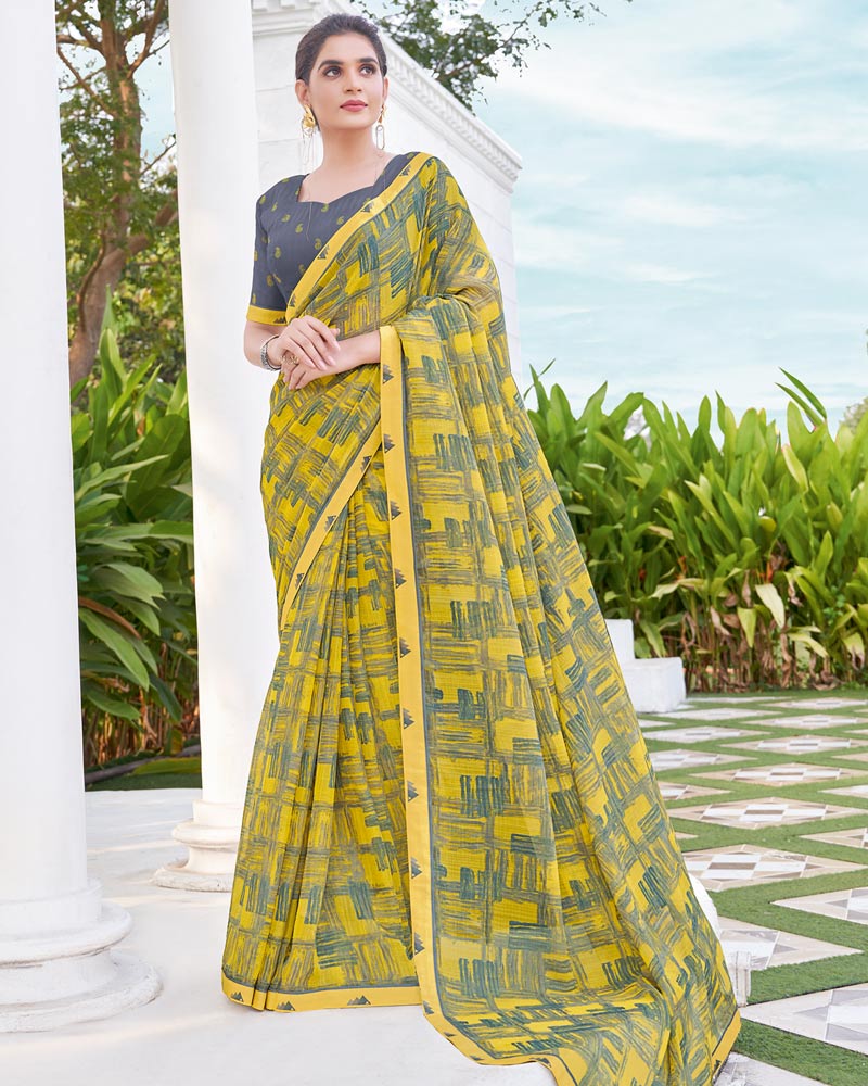 Vishal Prints Pale Yellow Printed Chiffon Saree With Fancy Border