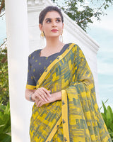 Vishal Prints Pale Yellow Printed Chiffon Saree With Fancy Border