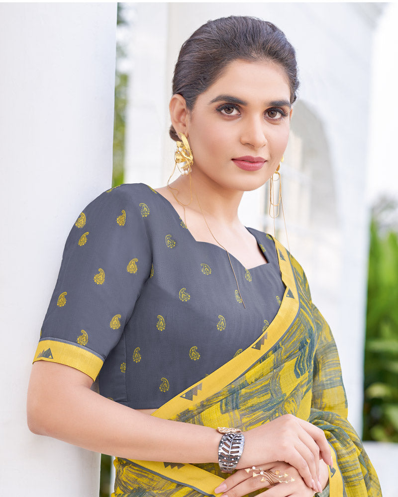 Vishal Prints Pale Yellow Printed Chiffon Saree With Fancy Border
