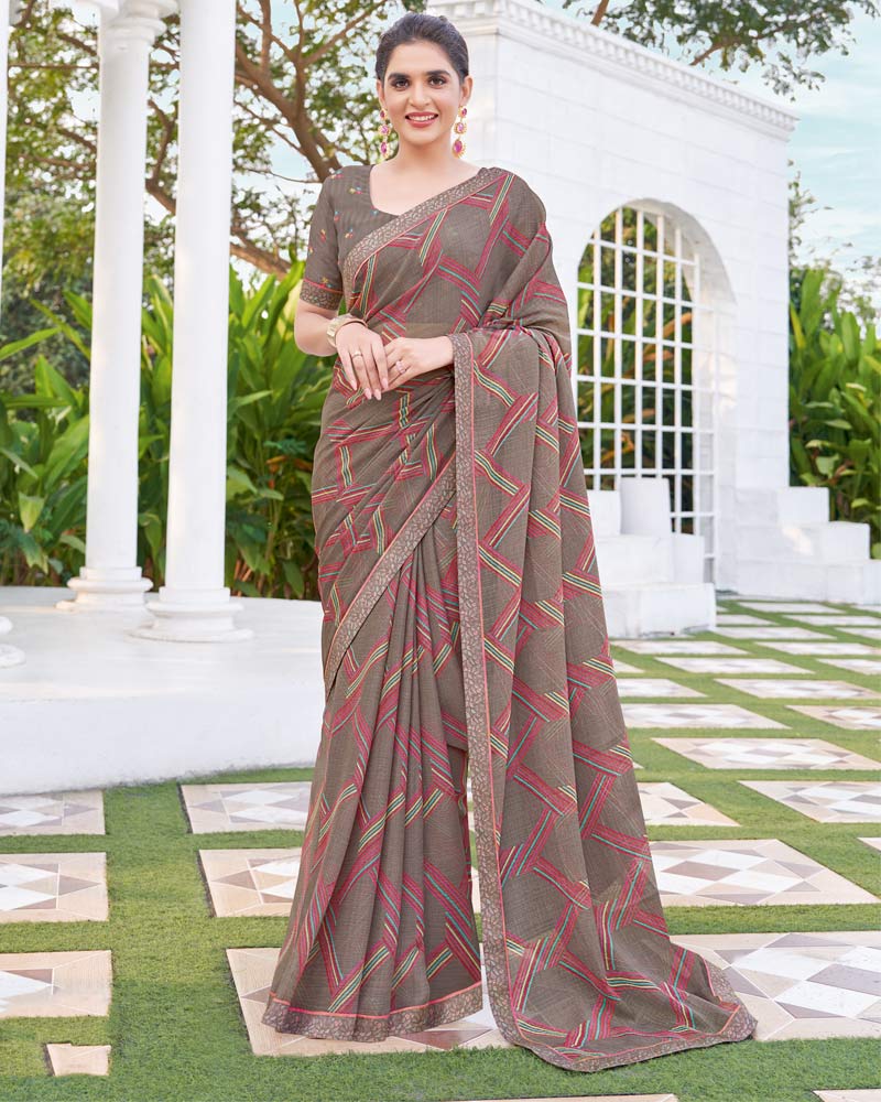 Vishal Prints Greyish Brown Printed Chiffon Saree With Fancy Border