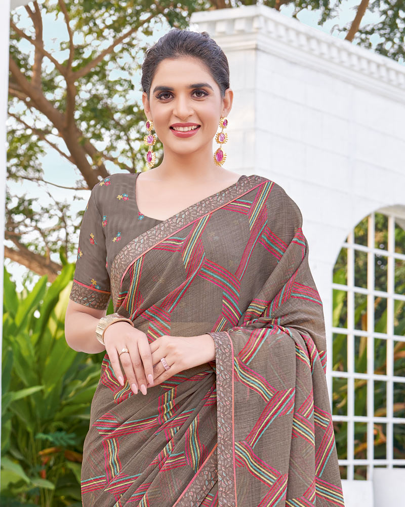Vishal Prints Greyish Brown Printed Chiffon Saree With Fancy Border