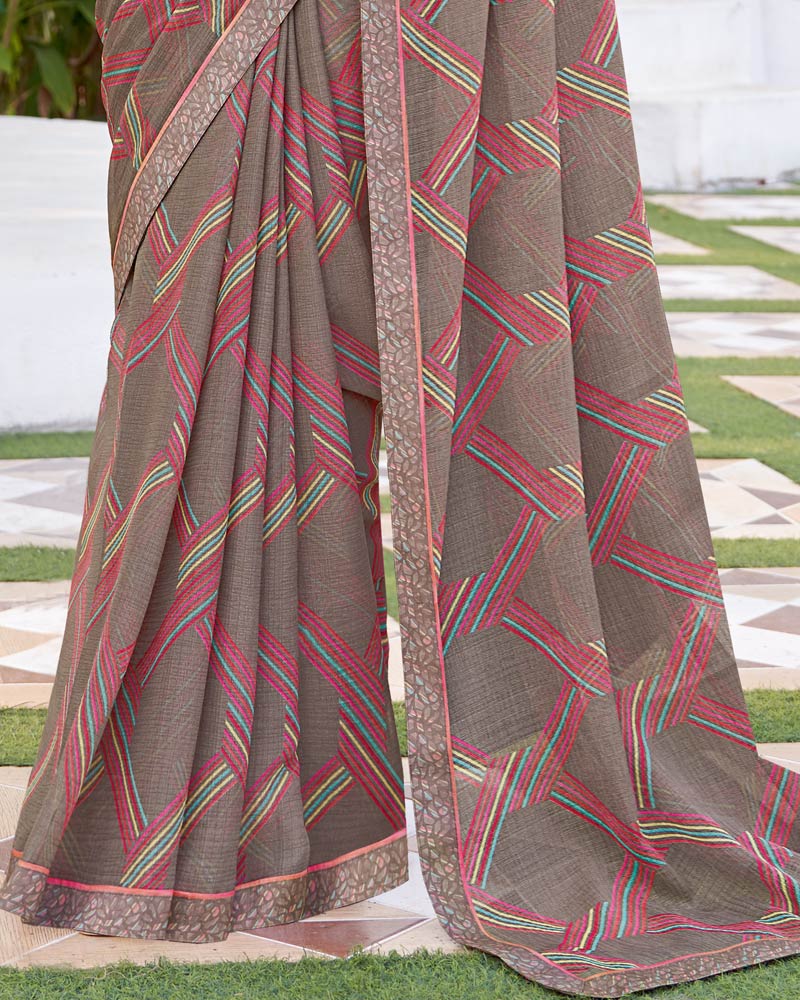 Vishal Prints Greyish Brown Printed Chiffon Saree With Fancy Border