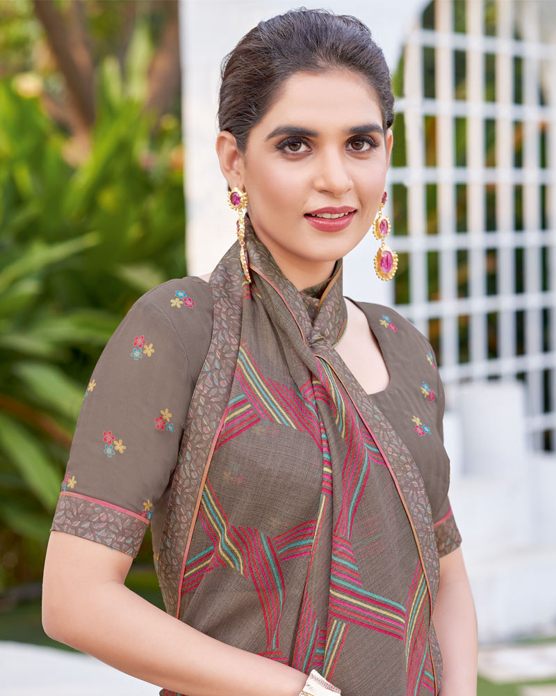 Vishal Prints Greyish Brown Printed Chiffon Saree With Fancy Border