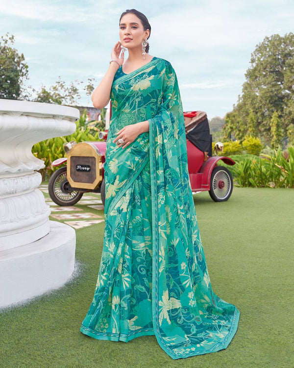 Vishal Prints Sea Green Printed Chiffon Saree With Fancy Border