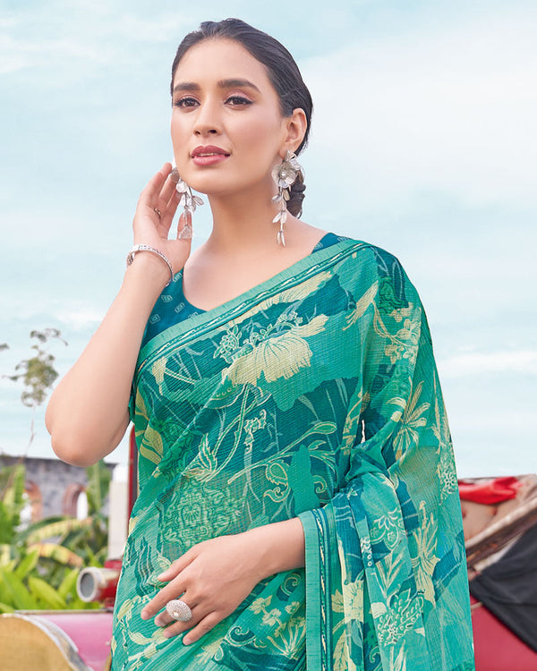 Vishal Prints Sea Green Printed Chiffon Saree With Fancy Border