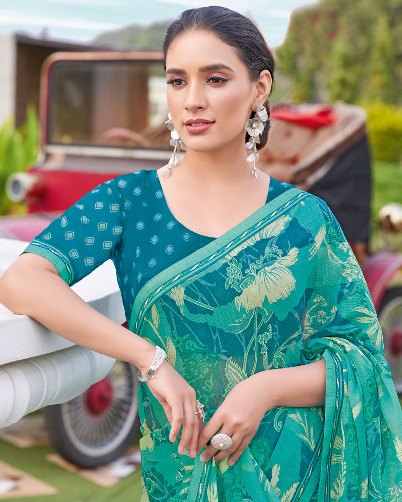 Vishal Prints Sea Green Printed Chiffon Saree With Fancy Border