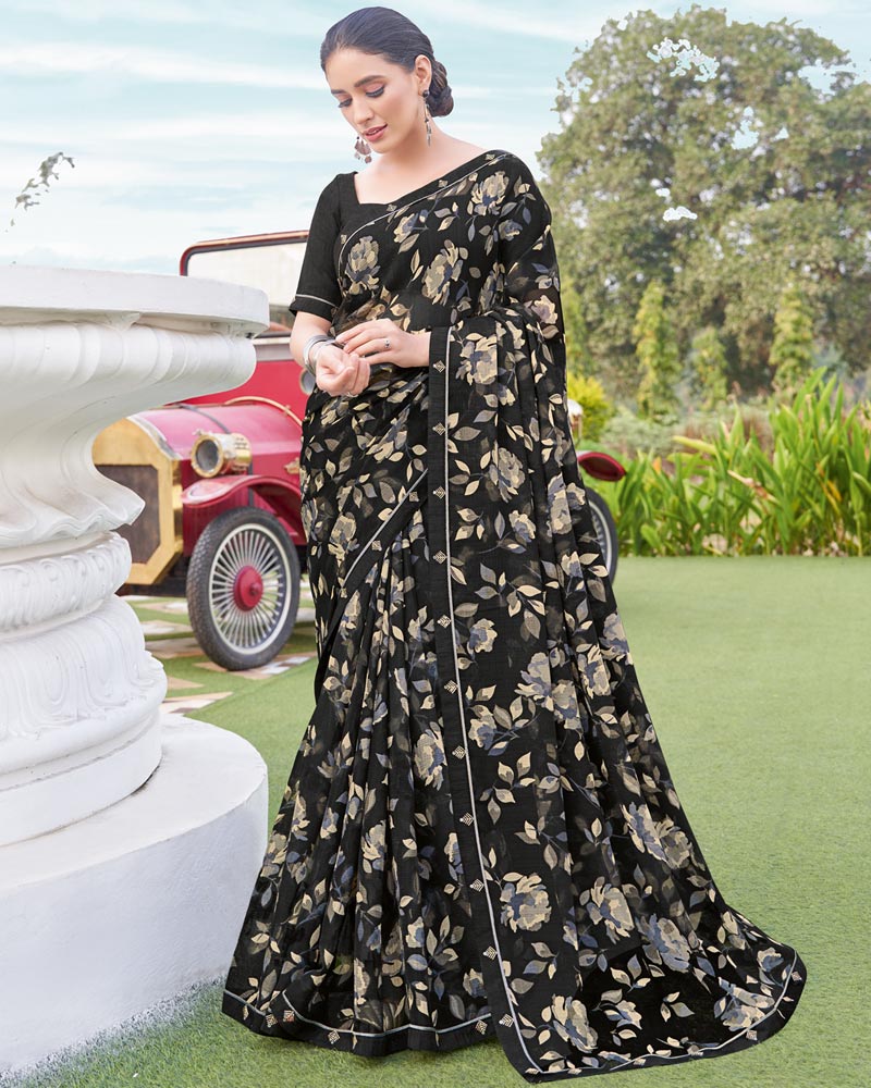 Vishal Prints Black Printed Chiffon Saree With Fancy Border