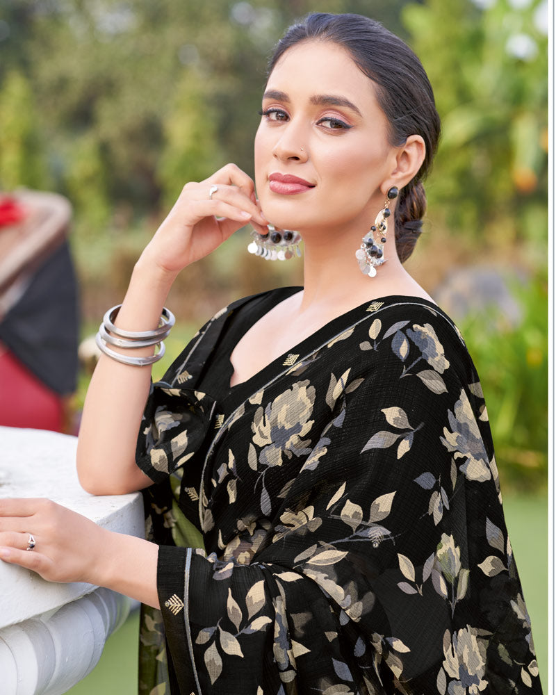 Vishal Prints Black Printed Chiffon Saree With Fancy Border
