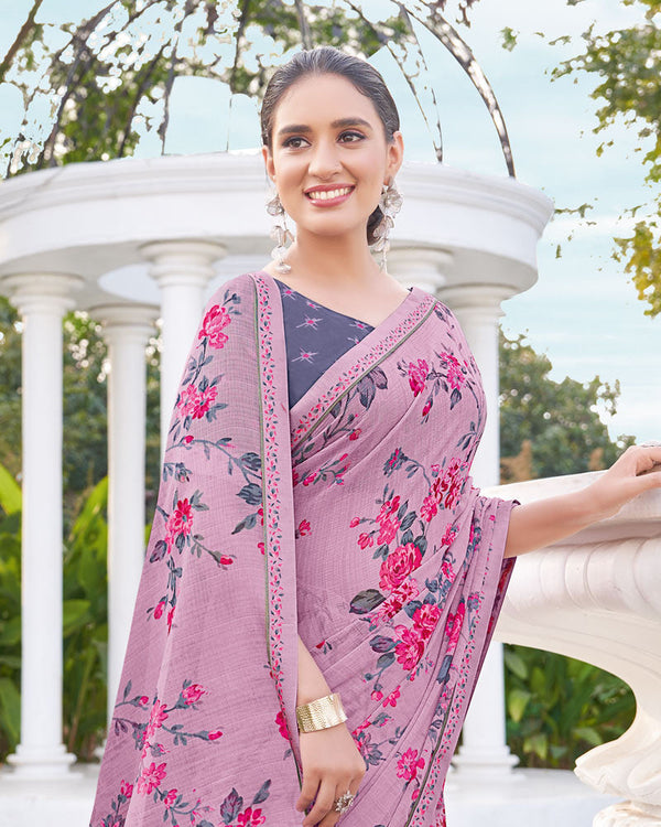 Vishal Prints Powder Pink Printed Chiffon Saree With Fancy Border