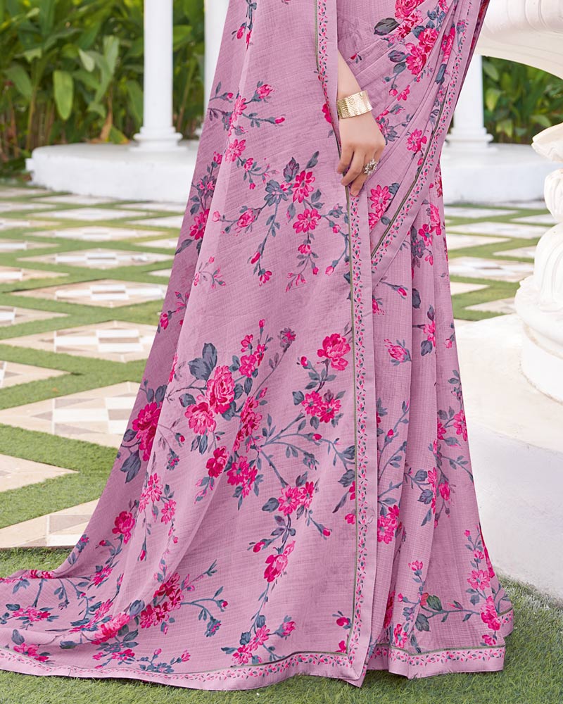 Vishal Prints Powder Pink Printed Chiffon Saree With Fancy Border
