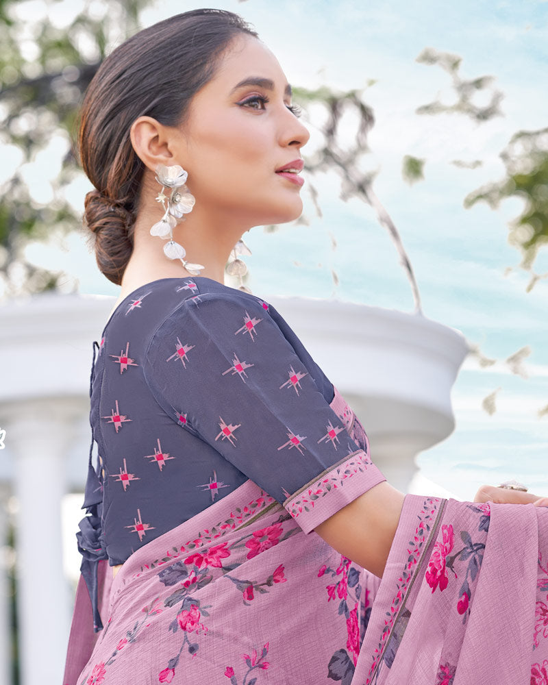 Vishal Prints Powder Pink Printed Chiffon Saree With Fancy Border