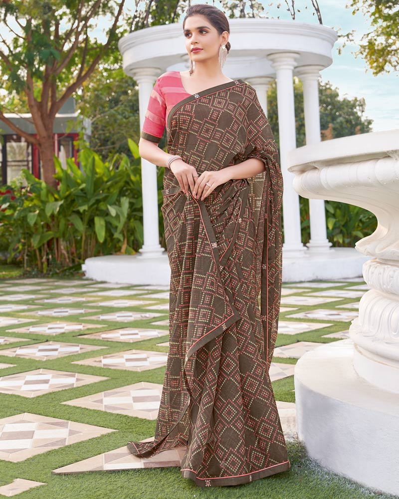 Vishal Prints Brown Printed Chiffon Saree With Fancy Border