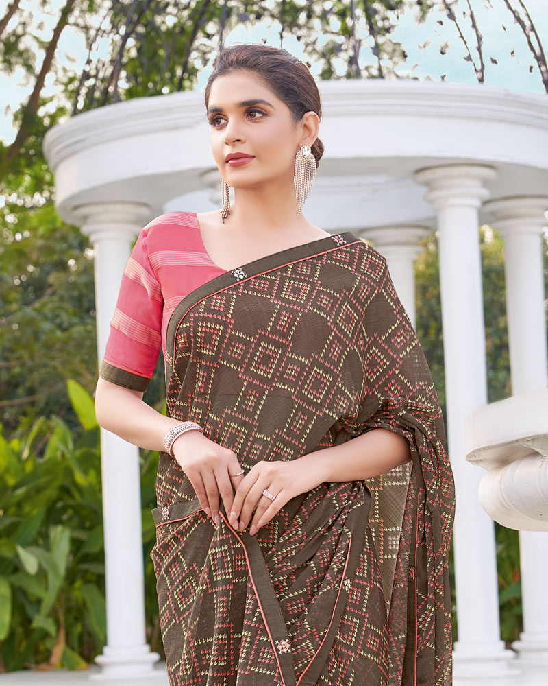 Vishal Prints Brown Printed Chiffon Saree With Fancy Border
