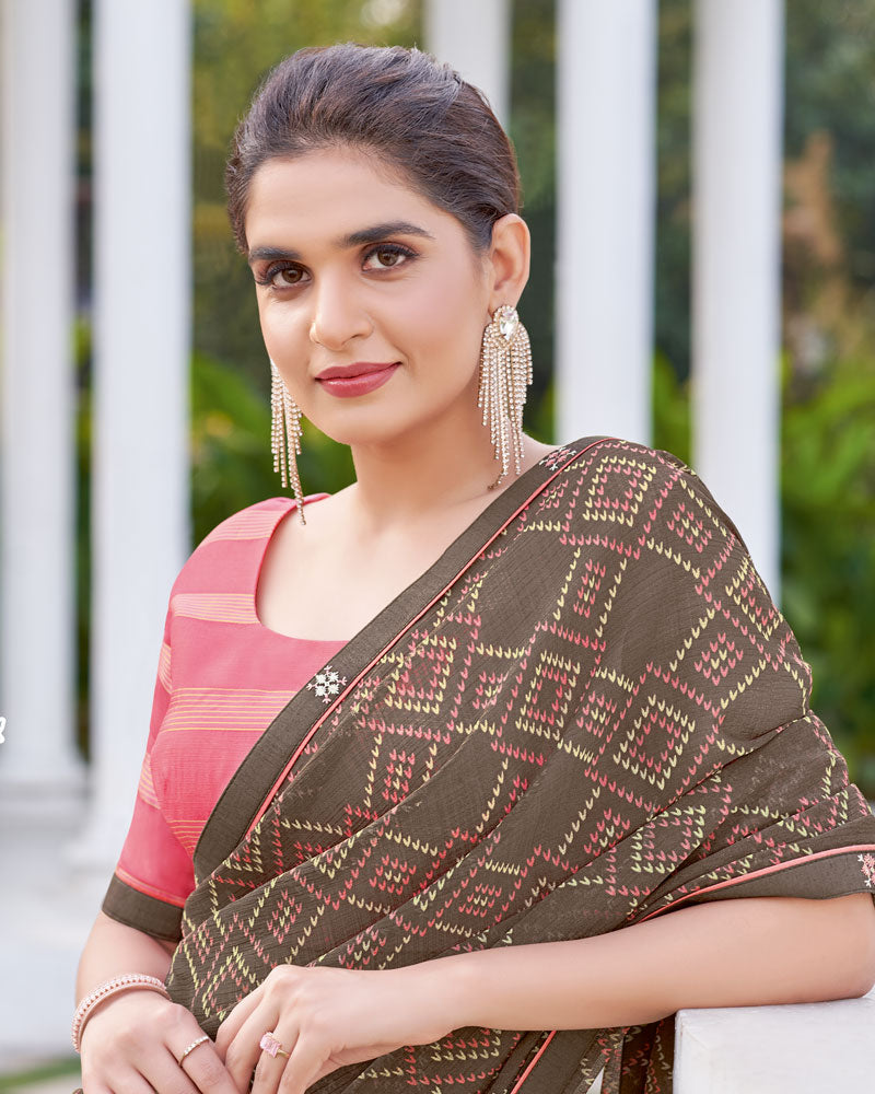 Vishal Prints Brown Printed Chiffon Saree With Fancy Border