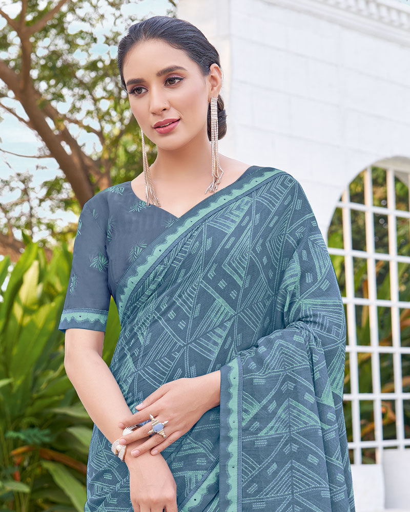 Vishal Prints Greyish Blue Printed Chiffon Saree With Fancy Border