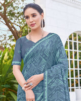 Vishal Prints Greyish Blue Printed Chiffon Saree With Fancy Border