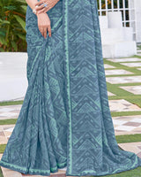 Vishal Prints Greyish Blue Printed Chiffon Saree With Fancy Border