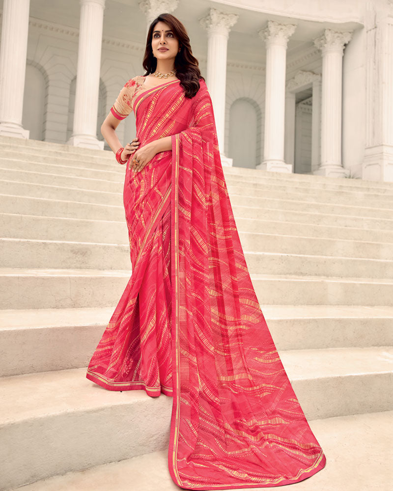 Vishal Prints Pastel Red Printed Chiffon Saree With Fancy Border