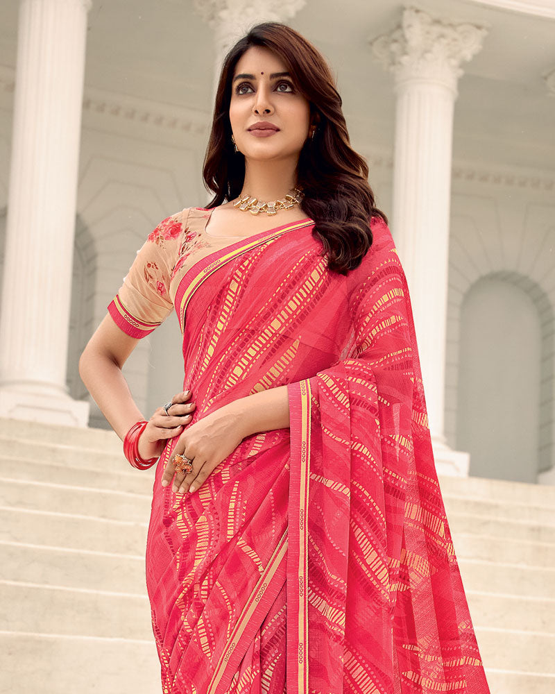 Vishal Prints Pastel Red Printed Chiffon Saree With Fancy Border