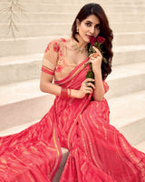 Vishal Prints Pastel Red Printed Chiffon Saree With Fancy Border