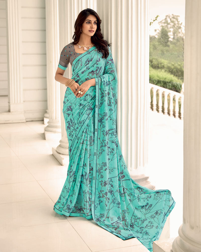Vishal Prints Pastel Teal Green Printed Chiffon Saree With Fancy Border