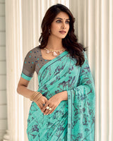 Vishal Prints Pastel Teal Green Printed Chiffon Saree With Fancy Border