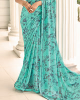 Vishal Prints Pastel Teal Green Printed Chiffon Saree With Fancy Border