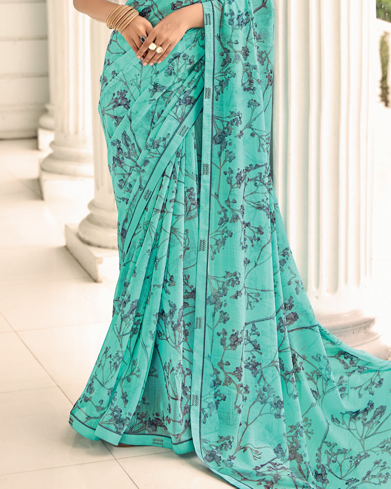 Vishal Prints Pastel Teal Green Printed Chiffon Saree With Fancy Border
