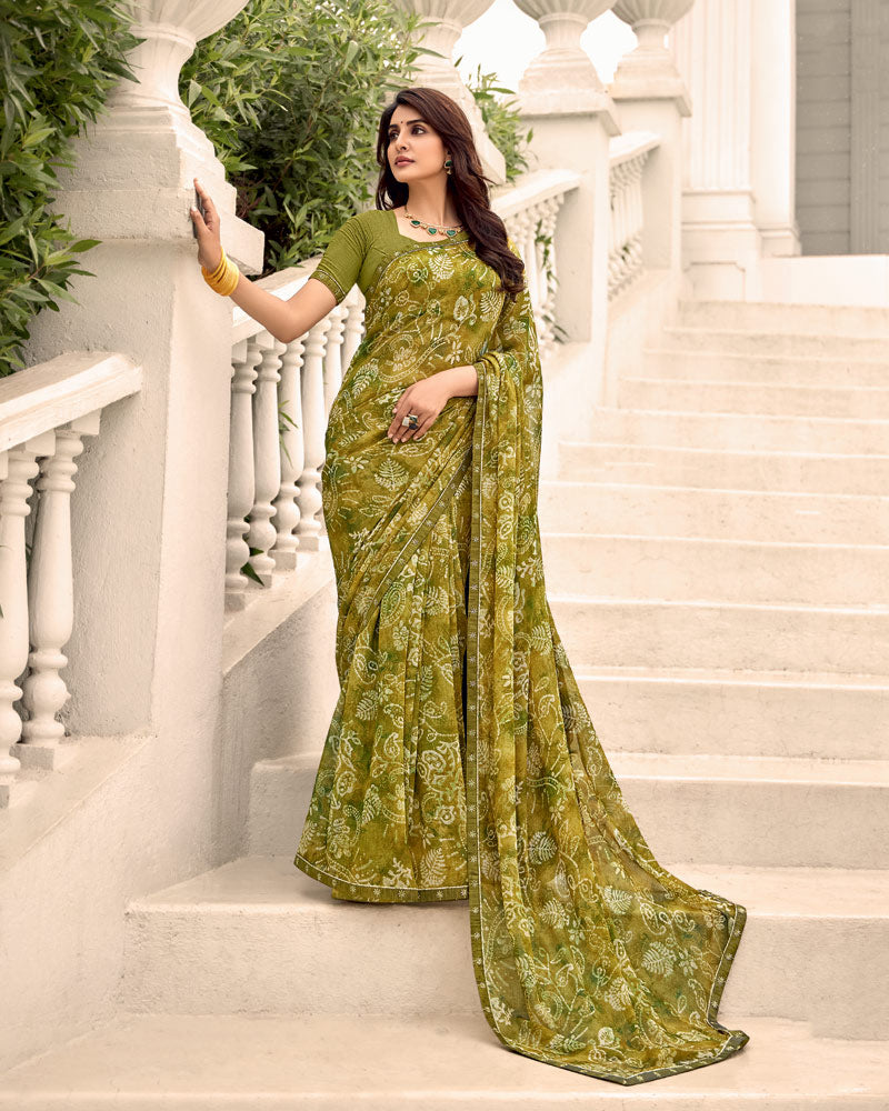 Vishal Prints Olive Yellow Printed Chiffon Saree With Fancy Border