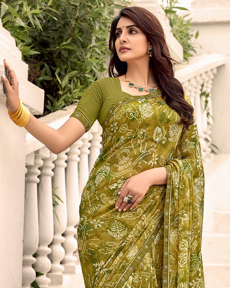 Vishal Prints Olive Yellow Printed Chiffon Saree With Fancy Border