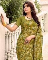 Vishal Prints Olive Yellow Printed Chiffon Saree With Fancy Border