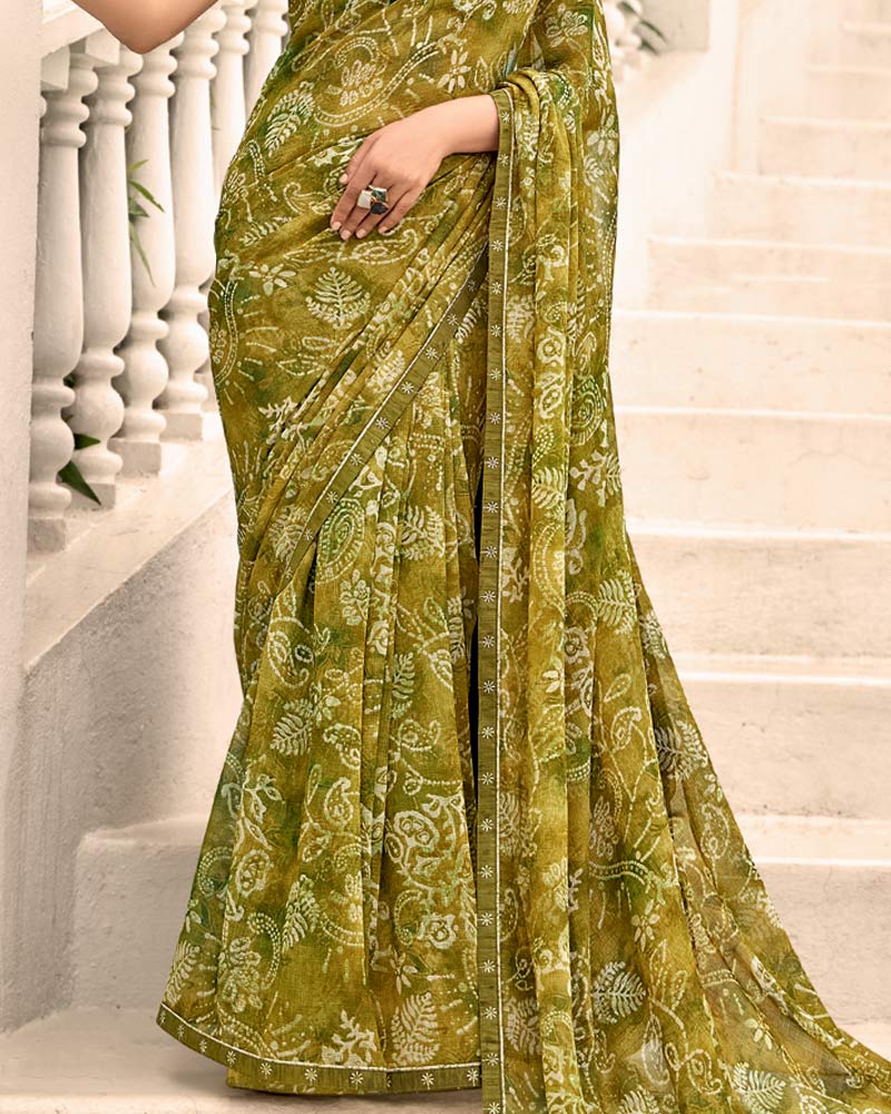 Vishal Prints Olive Yellow Printed Chiffon Saree With Fancy Border