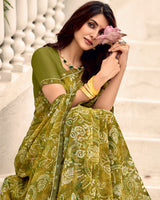 Vishal Prints Olive Yellow Printed Chiffon Saree With Fancy Border