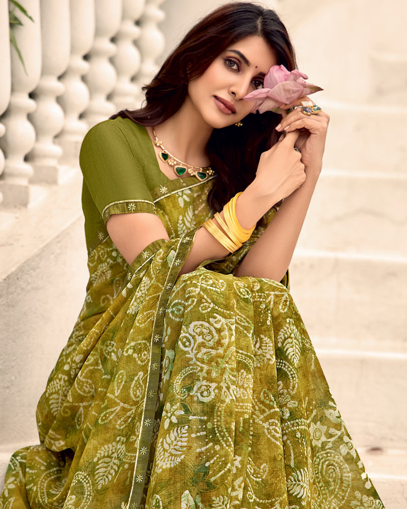 Vishal Prints Olive Yellow Printed Chiffon Saree With Fancy Border