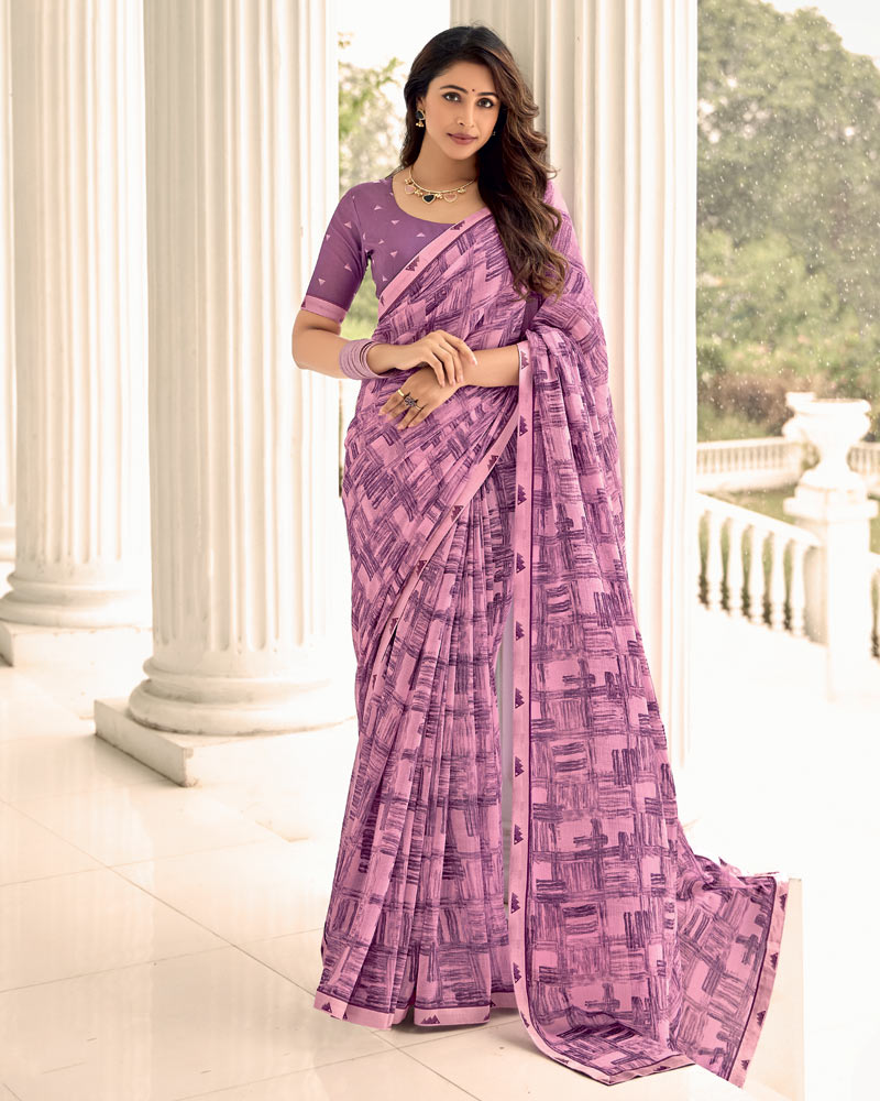 Vishal Prints Dusty Purple Printed Chiffon Saree With Fancy Border